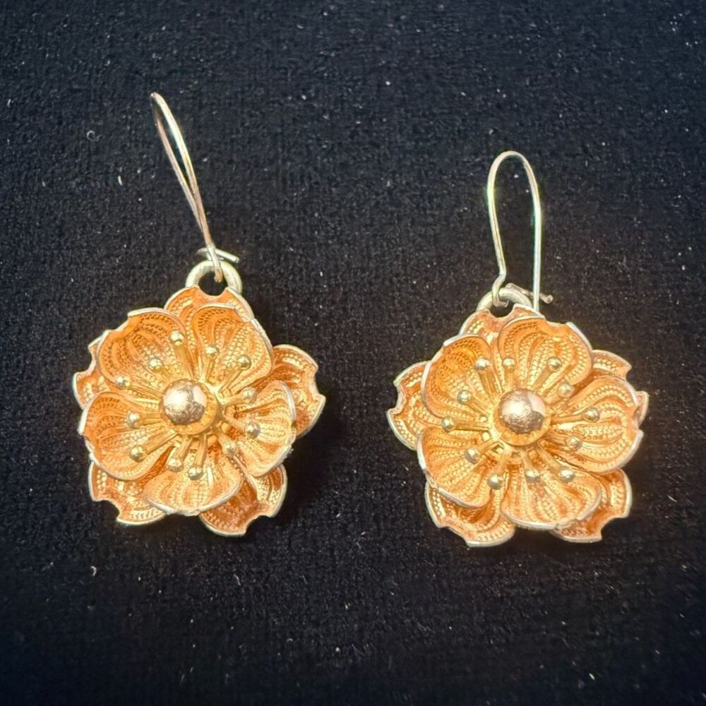 Vintage Rose Gold Tone Filigree Flower Drop Earrings